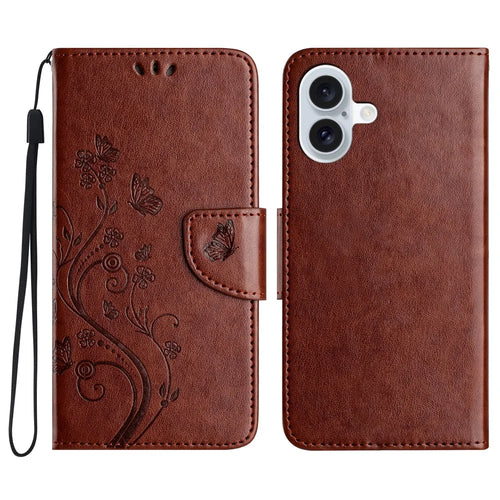 For iPhone 16 Plus Leather Case Butterflies Flower Pattern Wallet Stand Phone Cover - Brown - 1