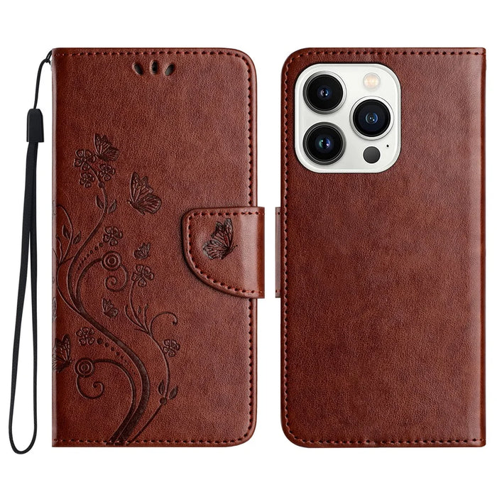 For iPhone 16 Pro Leather Case Butterflies Flower Pattern Wallet Stand Phone Cover - Brown - 1