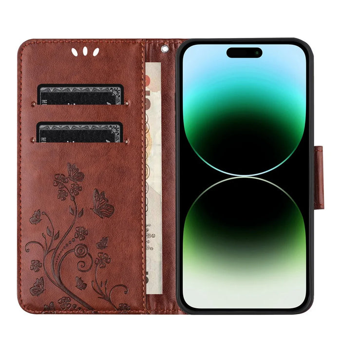 For iPhone 16 Pro Leather Case Butterflies Flower Pattern Wallet Stand Phone Cover - Brown - 2
