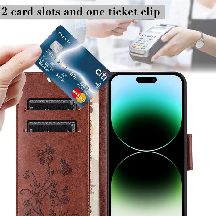 For iPhone 16 Pro Leather Case Butterflies Flower Pattern Wallet Stand Phone Cover - Brown - 4