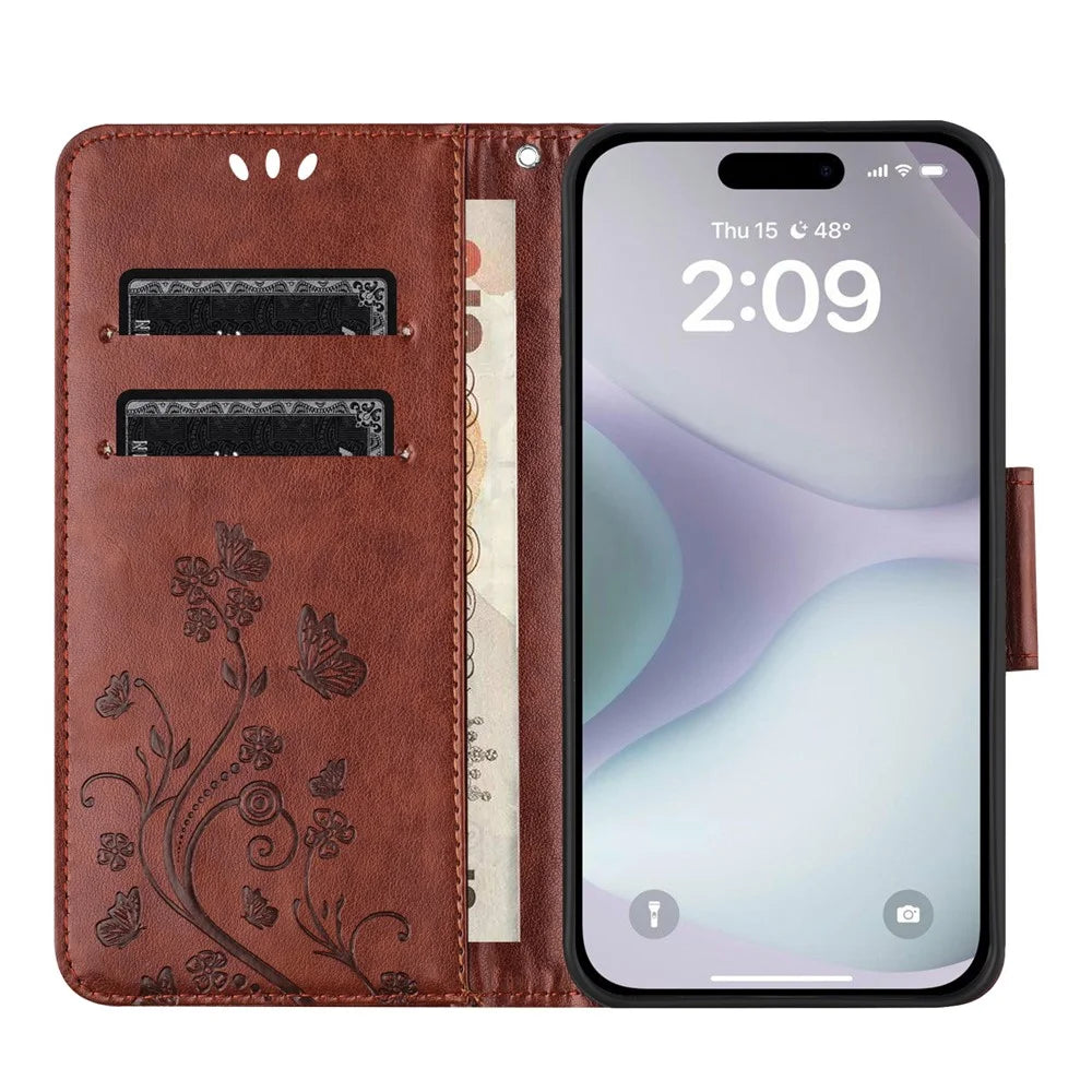 For iPhone 16 Leather Case Butterflies Flower Pattern Wallet Stand Phone Cover - Brown - 2