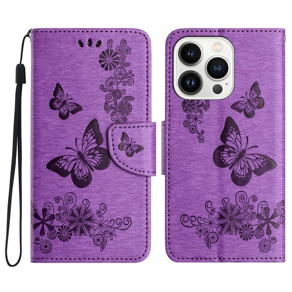 For iPhone 16 Pro Max Case Butterflies Flower Leather Wallet Flip Phone Cover - Purple - 1