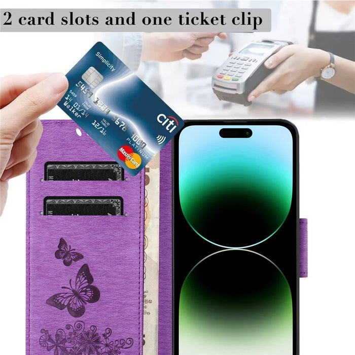 For iPhone 16 Pro Max Case Butterflies Flower Leather Wallet Flip Phone Cover - Purple - 4