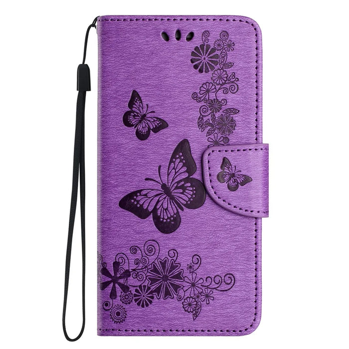 For iPhone 16 Pro Max Case Butterflies Flower Leather Wallet Flip Phone Cover - Purple - 5