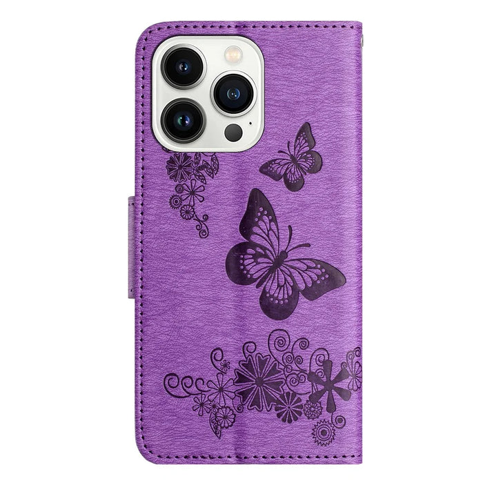 For iPhone 16 Pro Max Case Butterflies Flower Leather Wallet Flip Phone Cover - Purple - 6