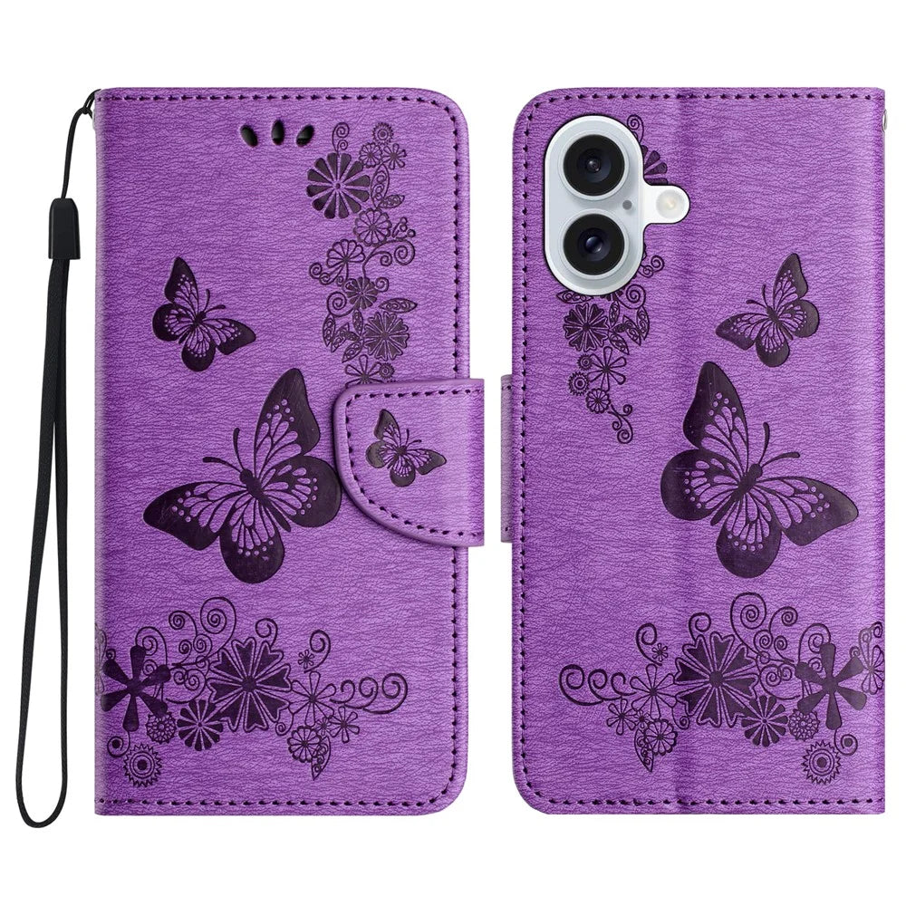 For iPhone 16 Plus Case Butterflies Flower Leather Wallet Flip Phone Cover - Purple - 1