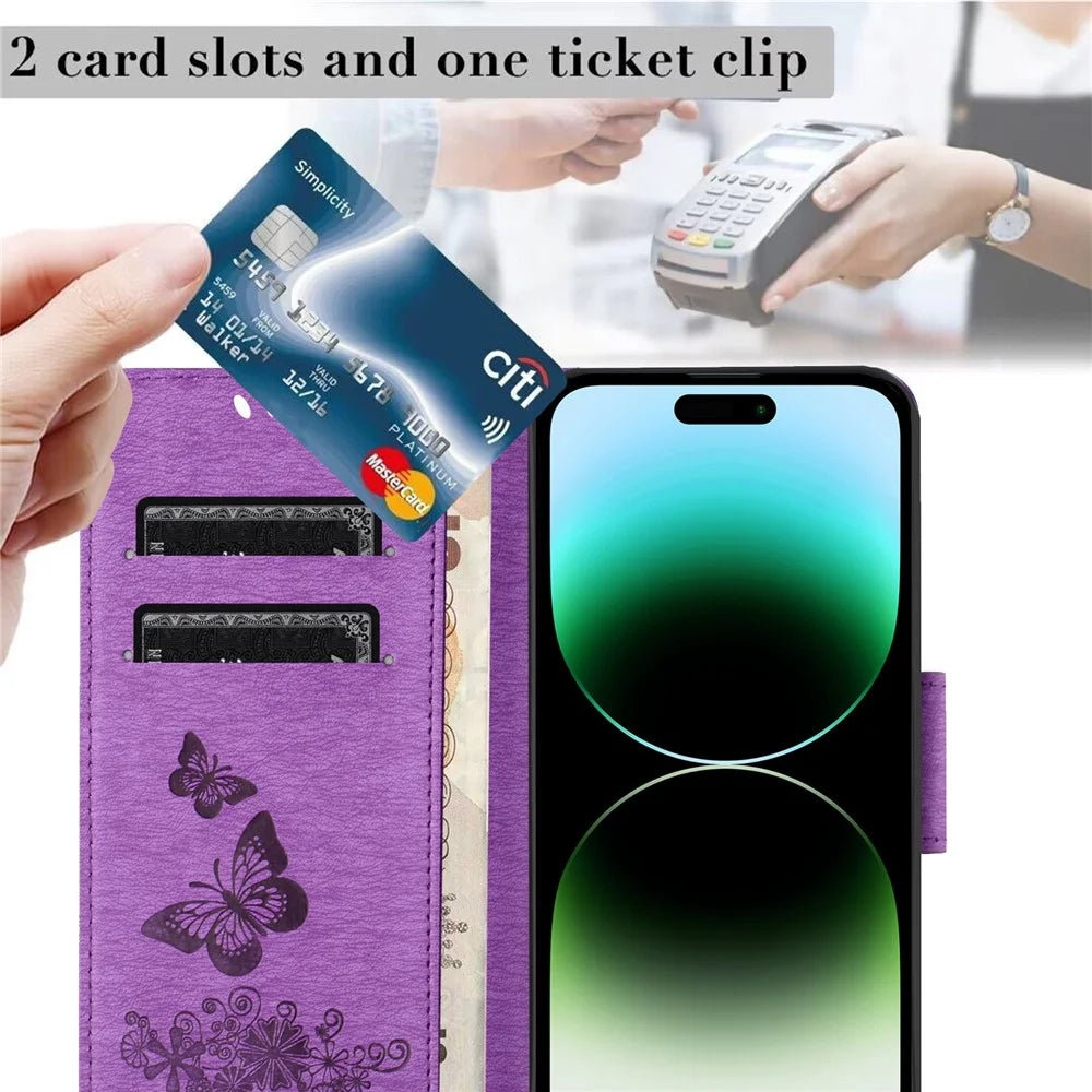 For iPhone 16 Pro Case Butterflies Flower Leather Wallet Flip Phone Cover - Purple - 4