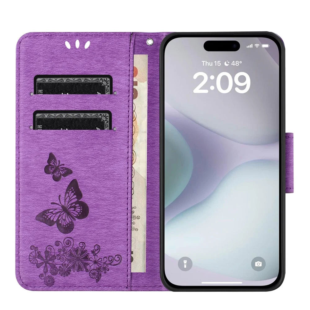 For iPhone 16 Case Butterflies Flower Leather Wallet Flip Phone Cover - Purple - 2