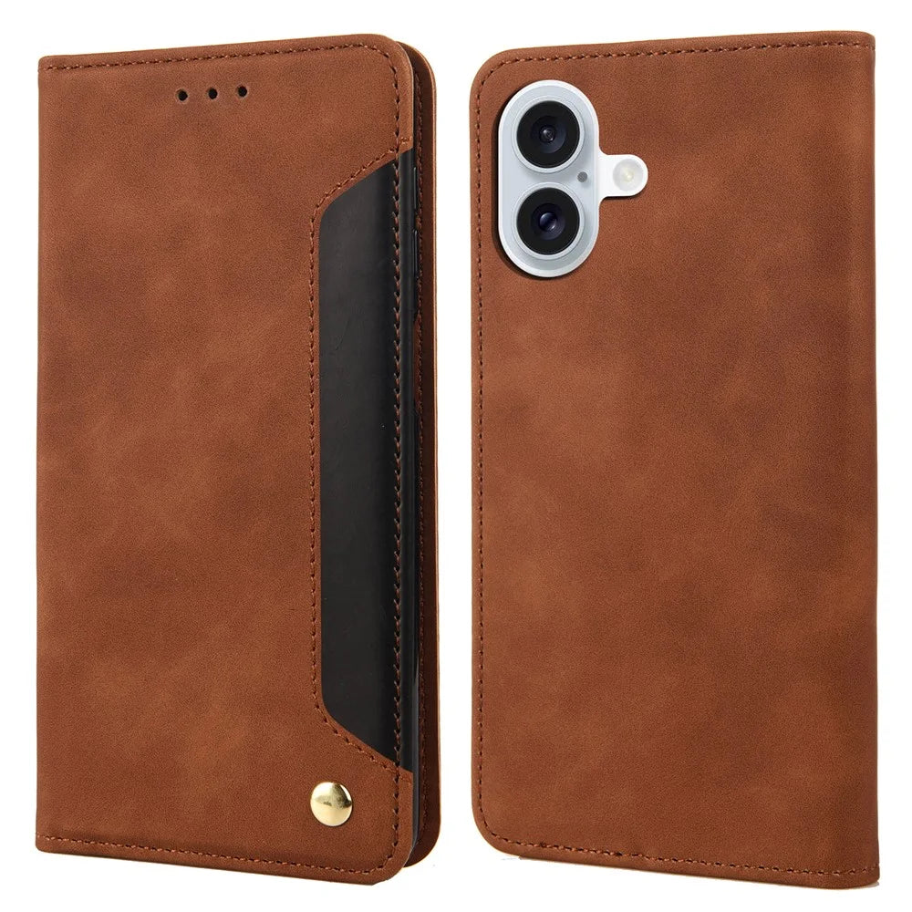 For iPhone 16 Case PU Leather Shockproof Protection Wallet Phone Cover - Brown - 1