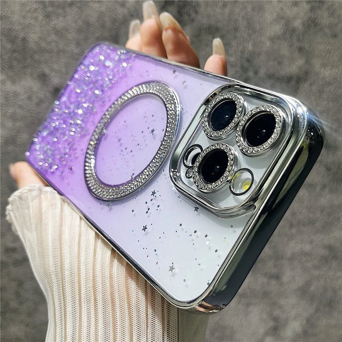 For iPhone 14 Pro Max Magnetic Case Glitter Shockproof TPU + PC Phone Cover Bling Rhinestone - Purple - 2