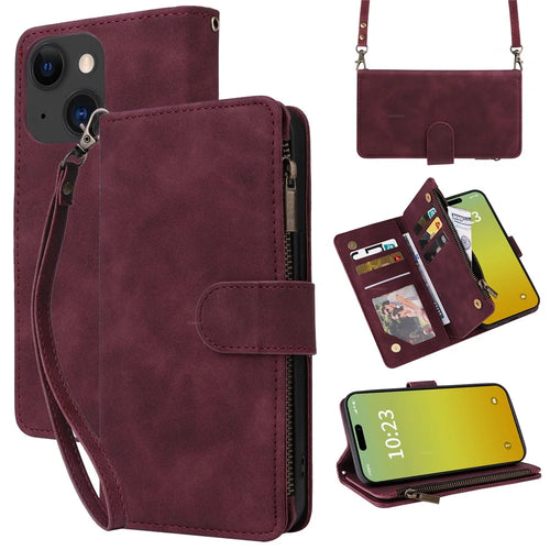 For iPhone 15 Case Zipper Multi-Pocket Wallet Leather Phone Cover with Shoulder and Wrist Straps - Wine Red - 1