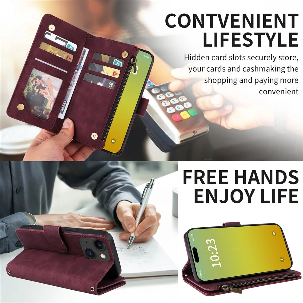 For iPhone 15 Plus Case Zipper Multi-Pocket Wallet Leather Phone Cover with Shoulder and Wrist Straps - Wine Red - 2