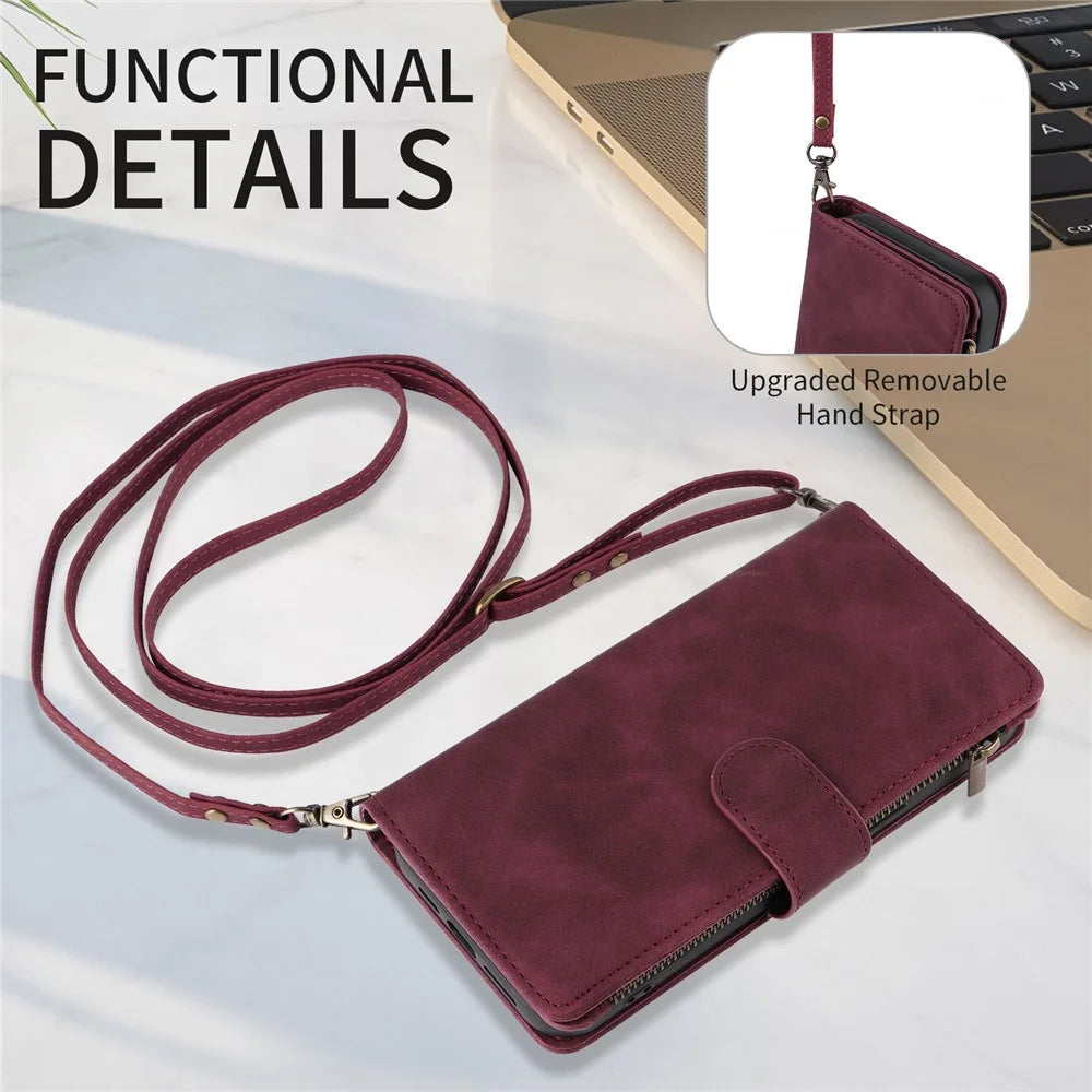 For iPhone 15 Plus Case Zipper Multi-Pocket Wallet Leather Phone Cover with Shoulder and Wrist Straps - Wine Red - 3