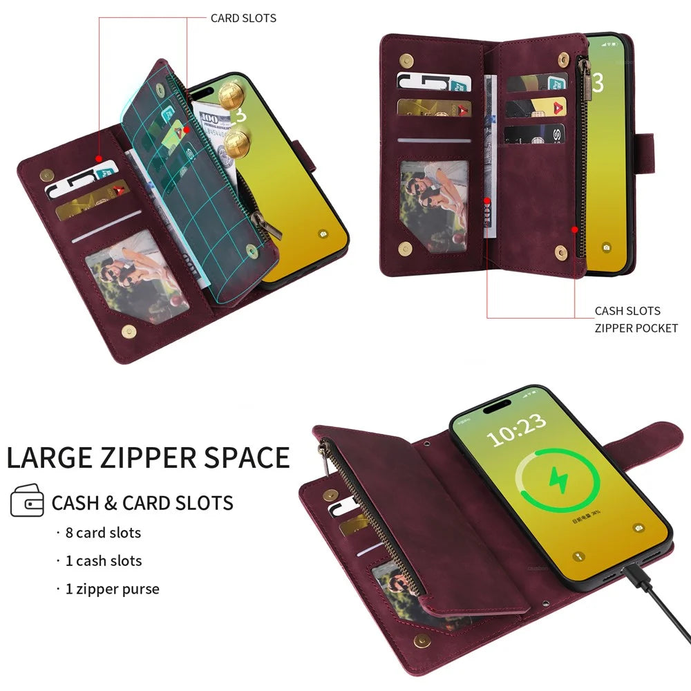 For iPhone 15 Plus Case Zipper Multi-Pocket Wallet Leather Phone Cover with Shoulder and Wrist Straps - Wine Red - 4