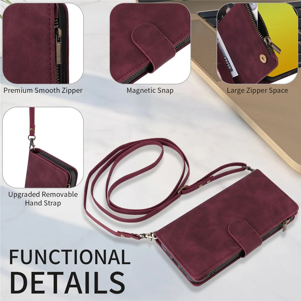 For iPhone 15 Plus Case Zipper Multi-Pocket Wallet Leather Phone Cover with Shoulder and Wrist Straps - Wine Red - 5