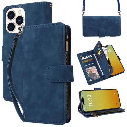 For iPhone 15 Pro Max Case Zipper Multi-Pocket Wallet Leather Phone Cover with Shoulder and Wrist Straps - Blue - 1