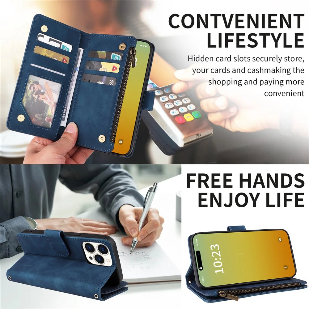 For iPhone 15 Pro Max Case Zipper Multi-Pocket Wallet Leather Phone Cover with Shoulder and Wrist Straps - Blue - 2