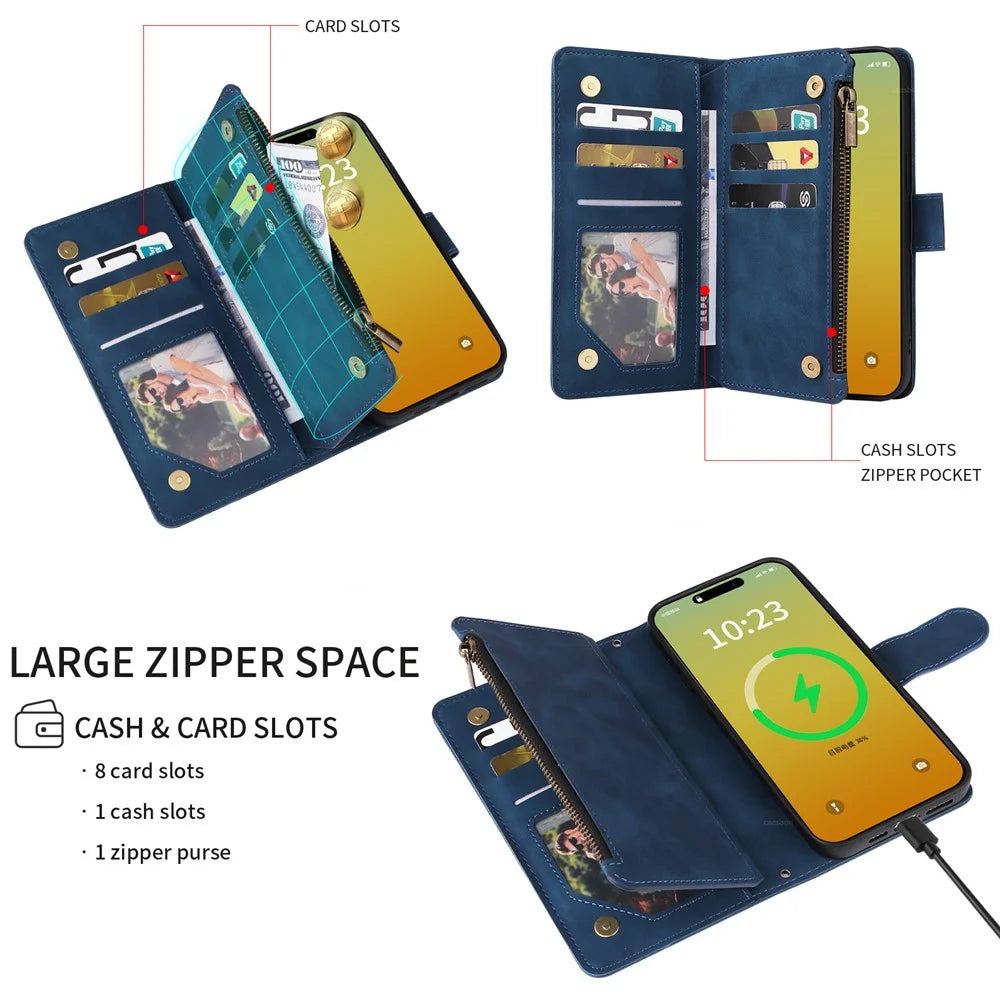 For iPhone 15 Pro Max Case Zipper Multi-Pocket Wallet Leather Phone Cover with Shoulder and Wrist Straps - Blue - 3