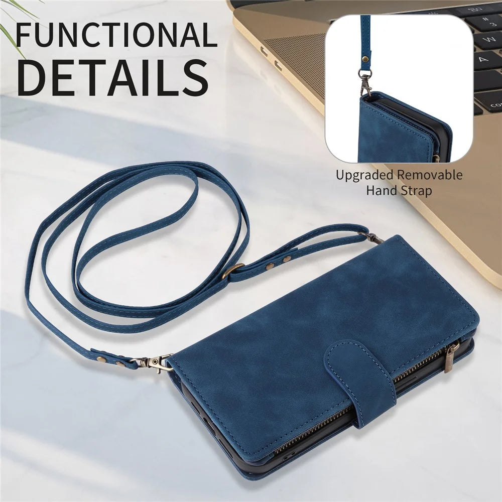 For iPhone 15 Pro Max Case Zipper Multi-Pocket Wallet Leather Phone Cover with Shoulder and Wrist Straps - Blue - 4
