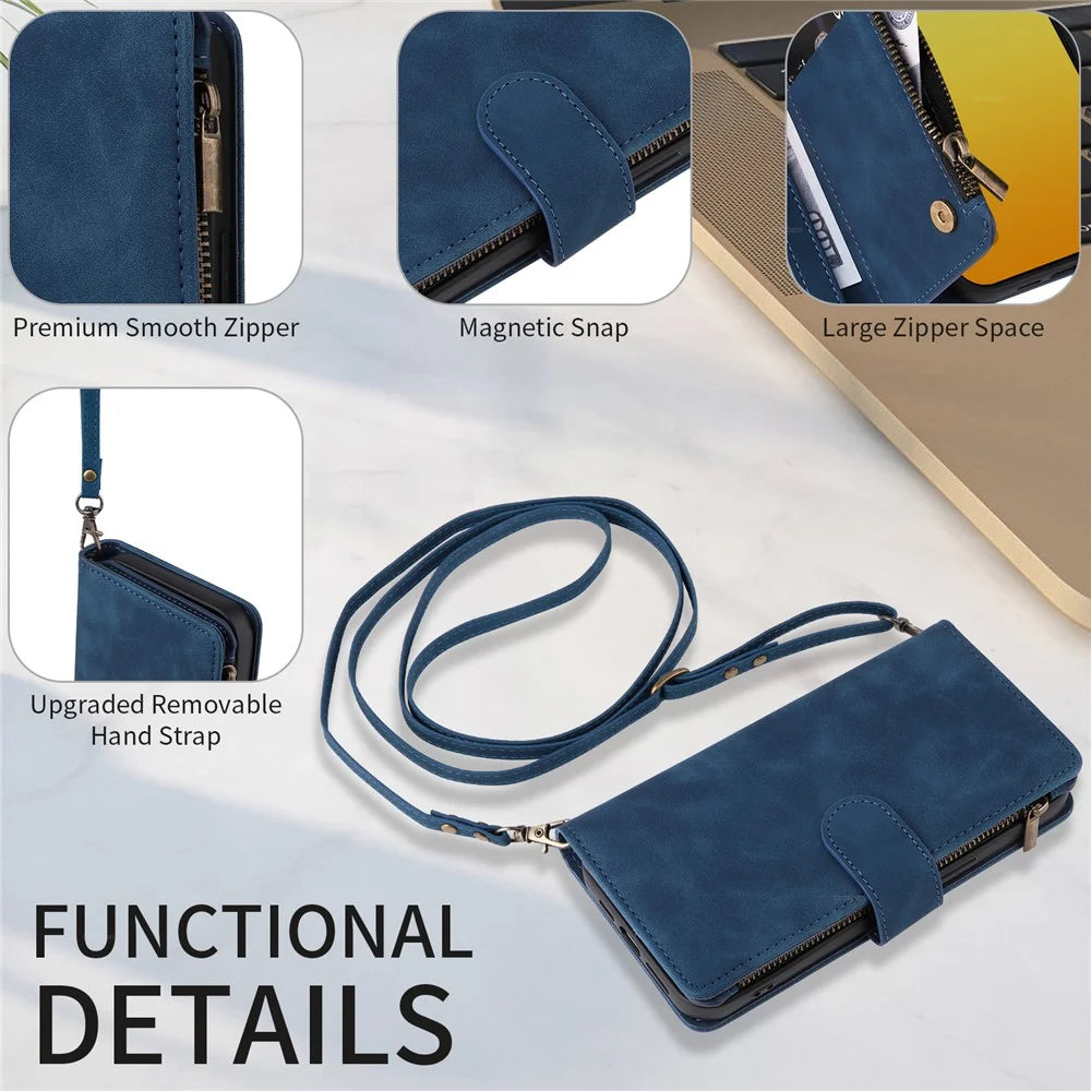 For iPhone 15 Pro Max Case Zipper Multi-Pocket Wallet Leather Phone Cover with Shoulder and Wrist Straps - Blue - 5