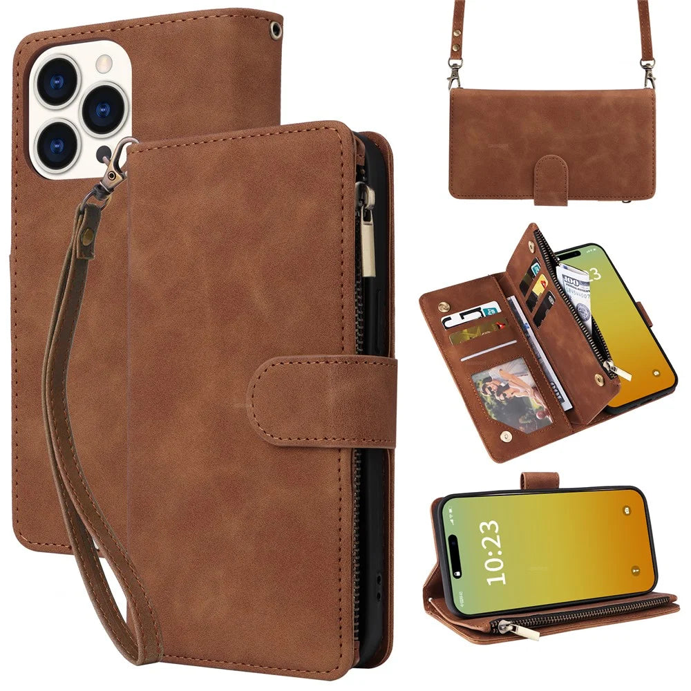 For iPhone 15 Pro Case Zipper Multi-Pocket Wallet Leather Phone Cover with Shoulder and Wrist Straps - Brown - 1