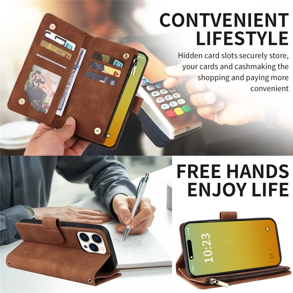 For iPhone 15 Pro Case Zipper Multi-Pocket Wallet Leather Phone Cover with Shoulder and Wrist Straps - Brown - 2