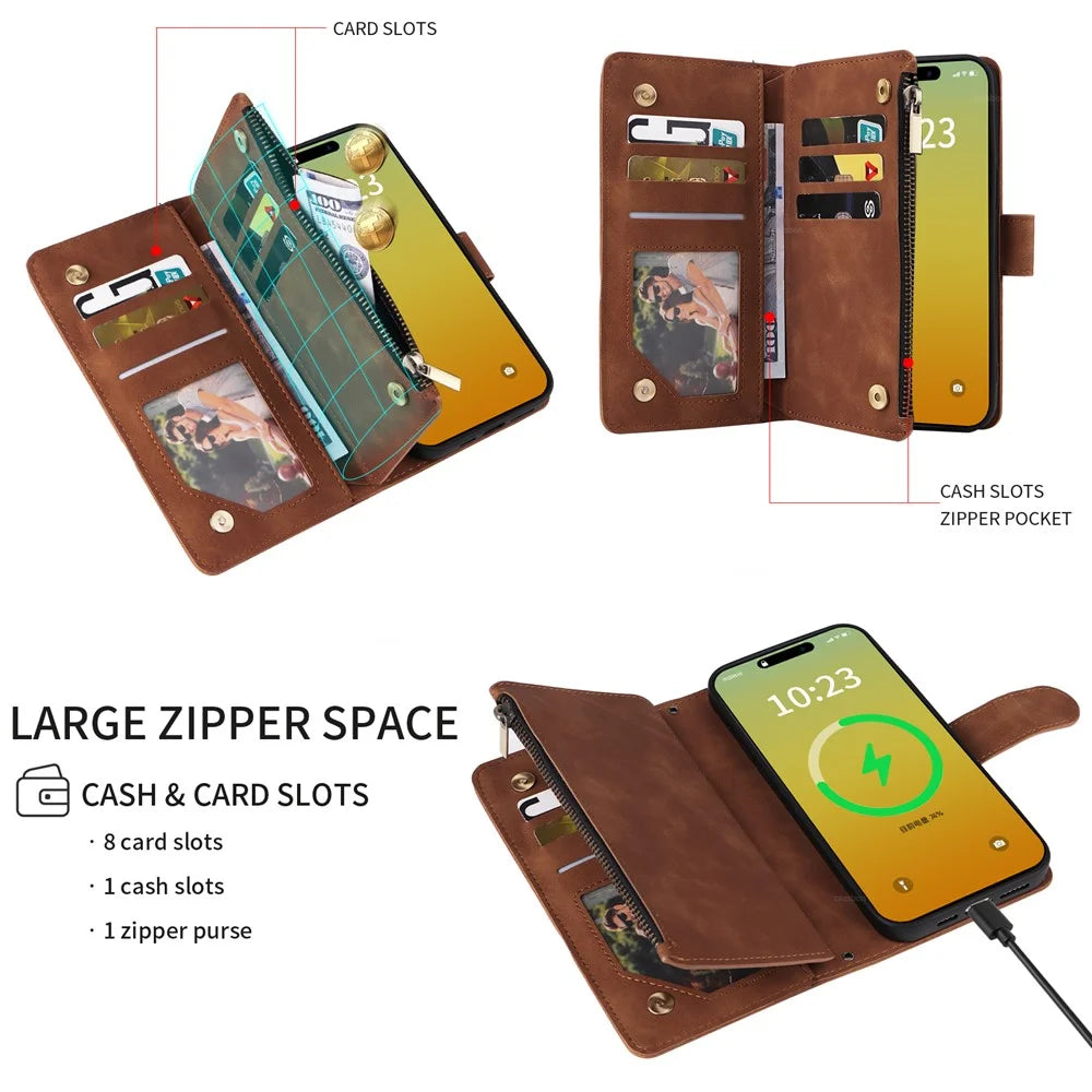 For iPhone 15 Pro Case Zipper Multi-Pocket Wallet Leather Phone Cover with Shoulder and Wrist Straps - Brown - 3