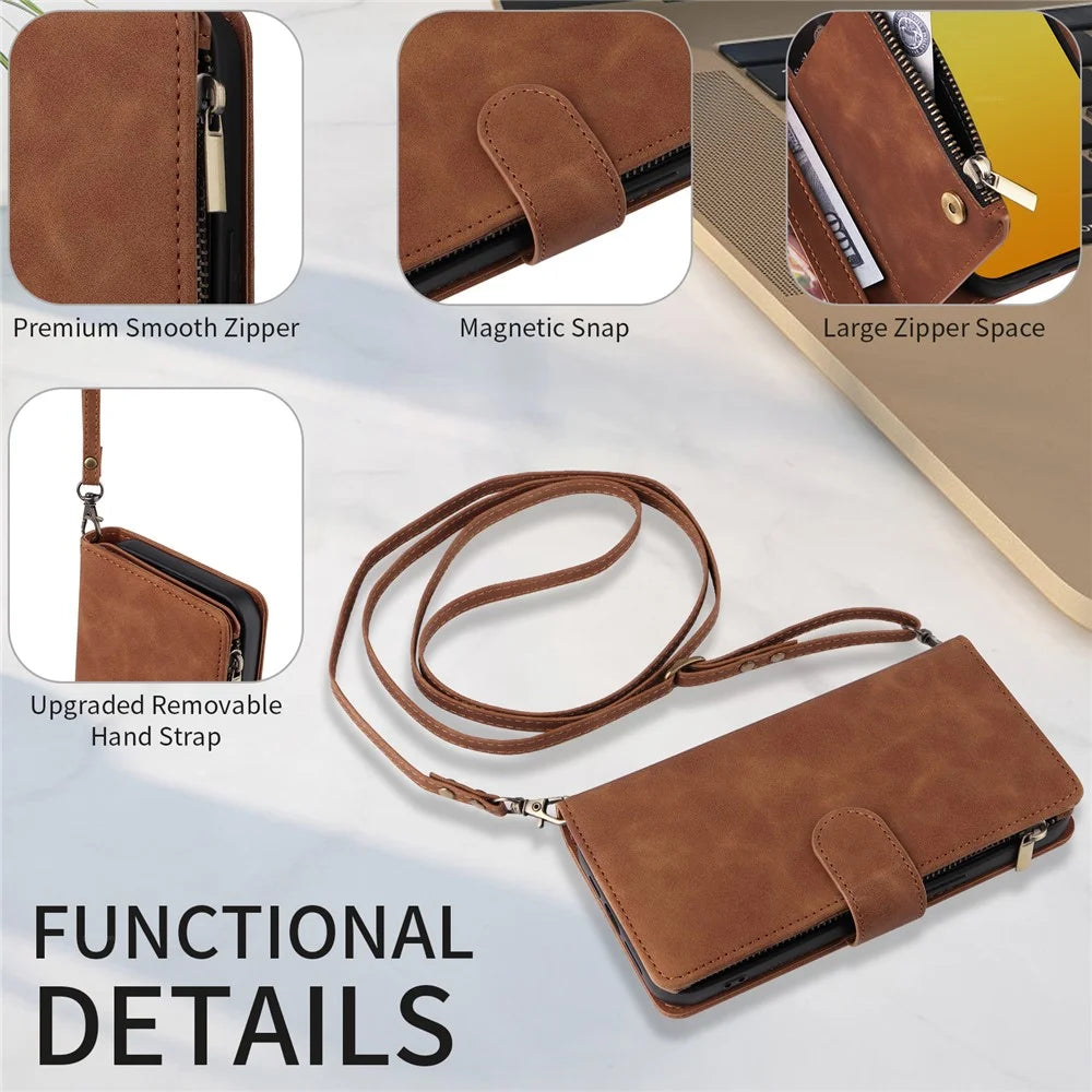 For iPhone 15 Pro Case Zipper Multi-Pocket Wallet Leather Phone Cover with Shoulder and Wrist Straps - Brown - 5