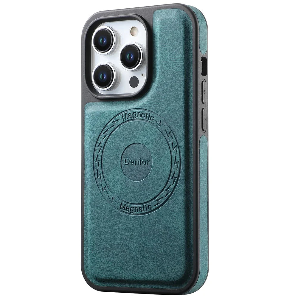 DENIOR A13 For iPhone 15 Pro Max Magnetic Case PU Leather Coated PC+TPU Phone Cover - Green - 1