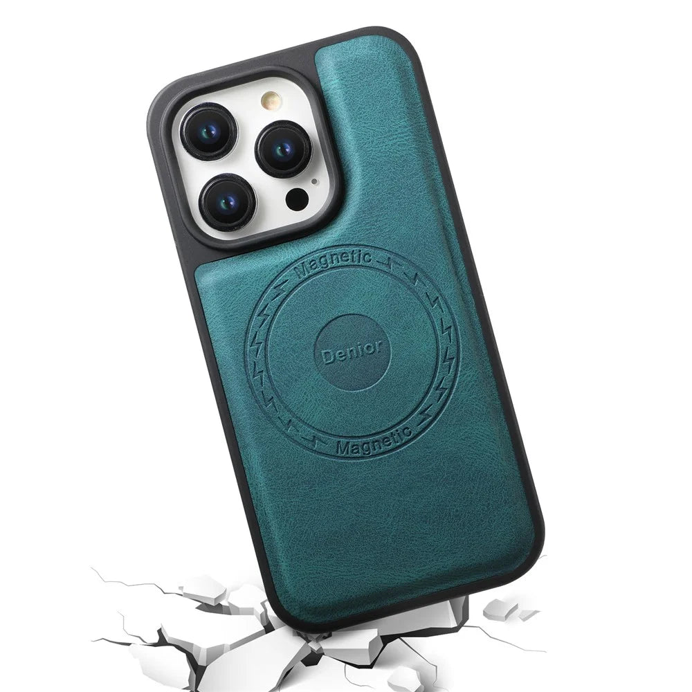 DENIOR A13 For iPhone 15 Pro Max Magnetic Case PU Leather Coated PC+TPU Phone Cover - Green - 3