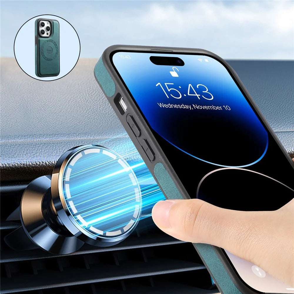 DENIOR A13 For iPhone 15 Pro Max Magnetic Case PU Leather Coated PC+TPU Phone Cover - Green - 4