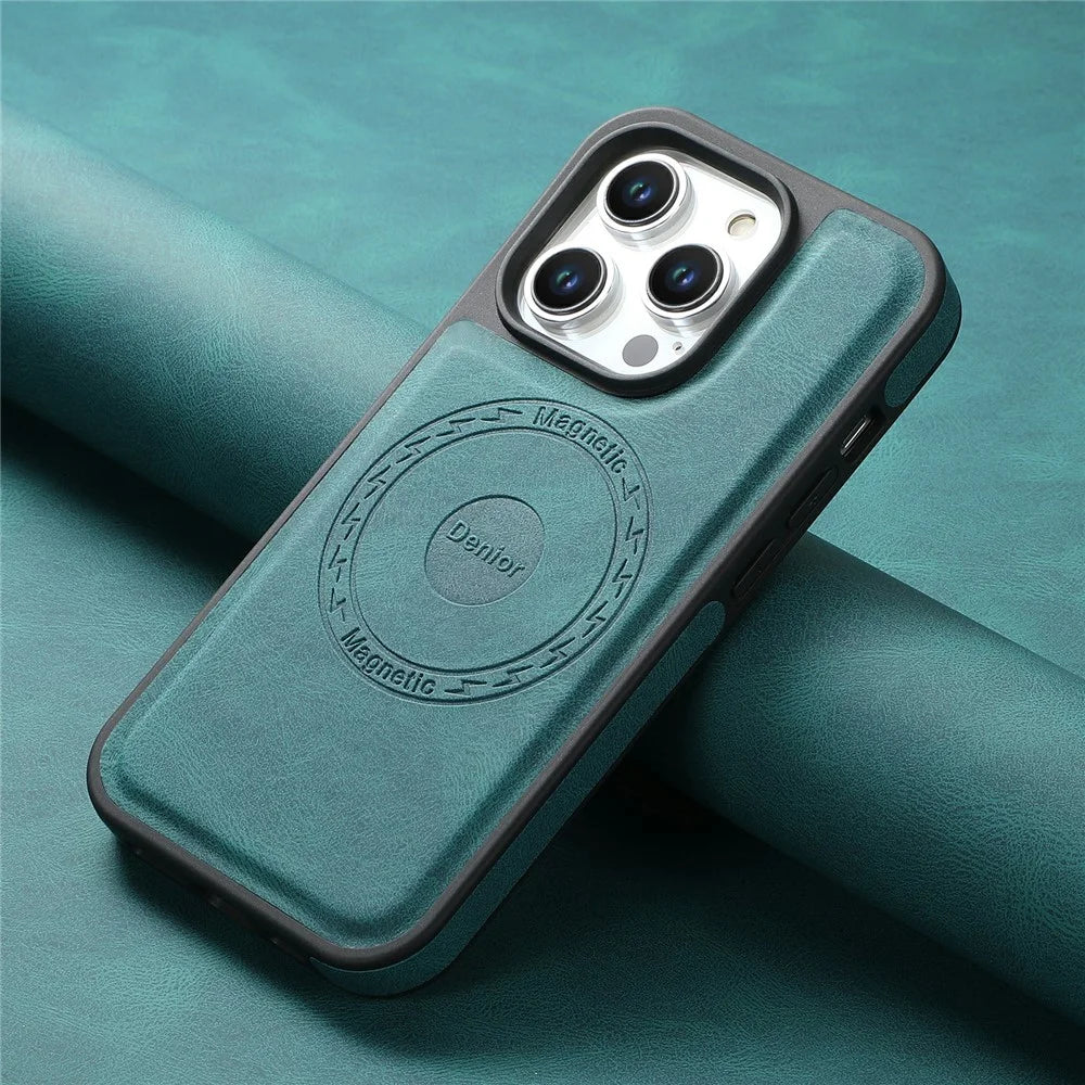 DENIOR A13 For iPhone 15 Pro Max Magnetic Case PU Leather Coated PC+TPU Phone Cover - Green - 5