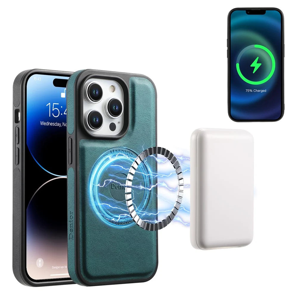 DENIOR A13 For iPhone 15 Pro Case Compatible with MagSafe Leather+PC+TPU Phone Cover - Green - 2