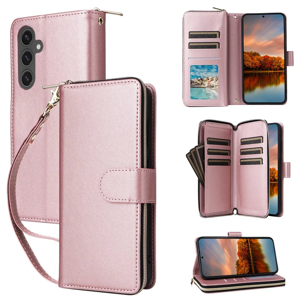 R20 For Samsung Galaxy S24 FE Case Zipper Pocket PU Leather Cover with 9 Card Slots - Rose Gold - 1
