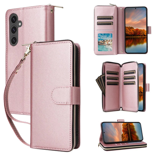 R20 For Samsung Galaxy S24 FE Case Zipper Pocket PU Leather Cover with 9 Card Slots - Rose Gold - 1