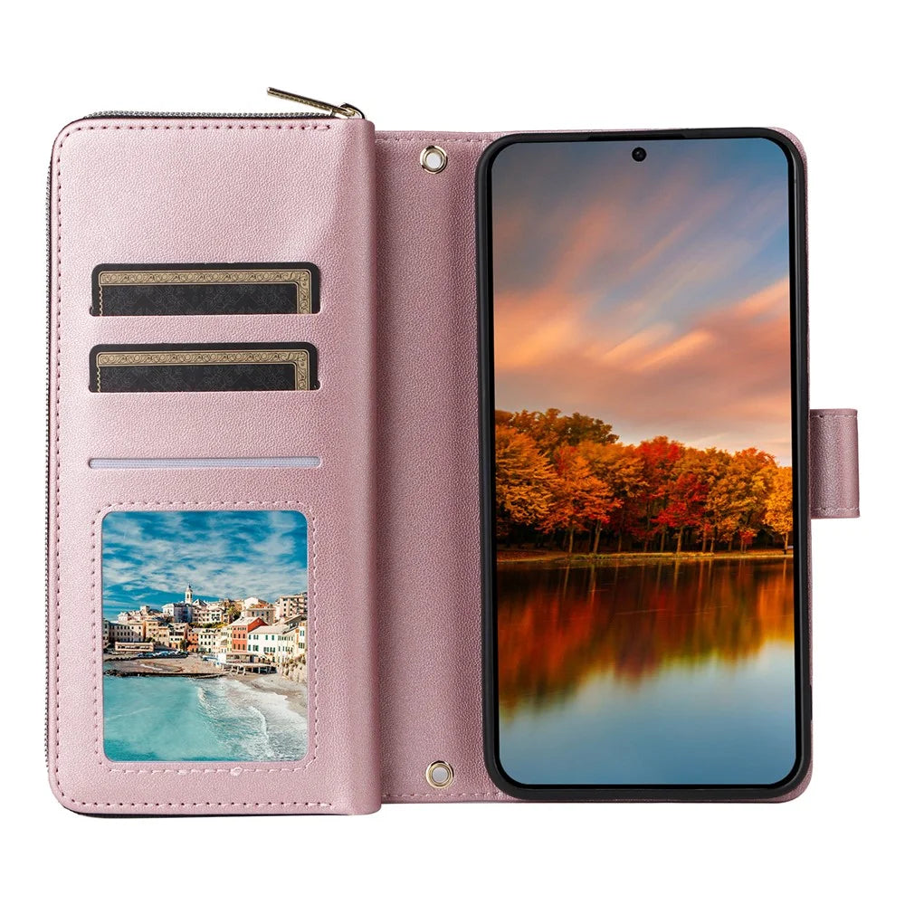 R20 For Samsung Galaxy S24 FE Case Zipper Pocket PU Leather Cover with 9 Card Slots - Rose Gold - 2