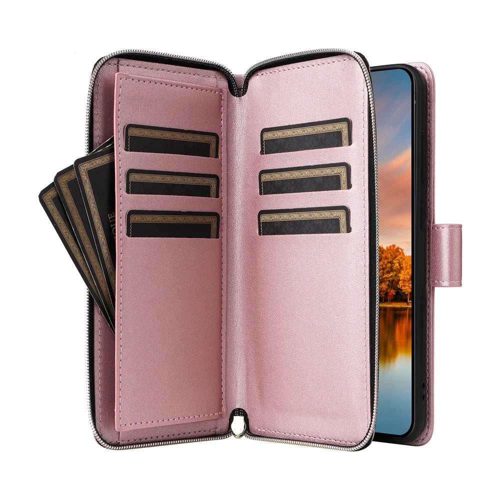 R20 For Samsung Galaxy S24 FE Case Zipper Pocket PU Leather Cover with 9 Card Slots - Rose Gold - 3