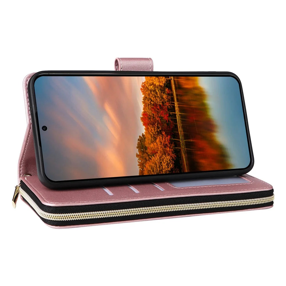 R20 For Samsung Galaxy S24 FE Case Zipper Pocket PU Leather Cover with 9 Card Slots - Rose Gold - 4