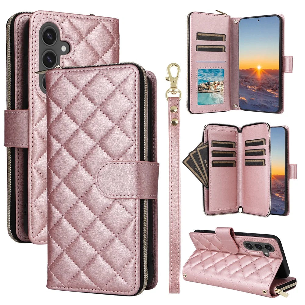 For Samsung Galaxy S24 FE Case Zipper Wallet Rhombus PU Leather Crossbody Phone Bag - Rose Gold - 1