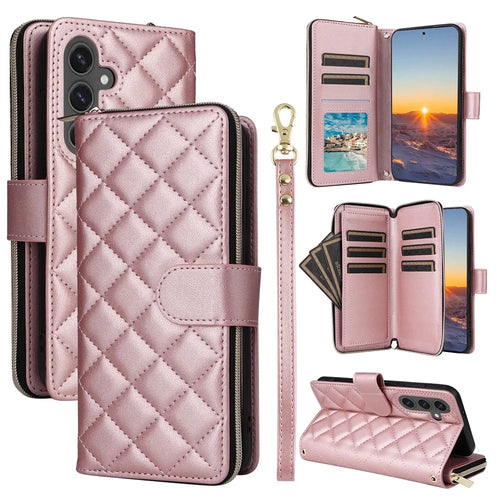For Samsung Galaxy S24 FE Case Zipper Wallet Rhombus PU Leather Crossbody Phone Bag - Rose Gold - 1
