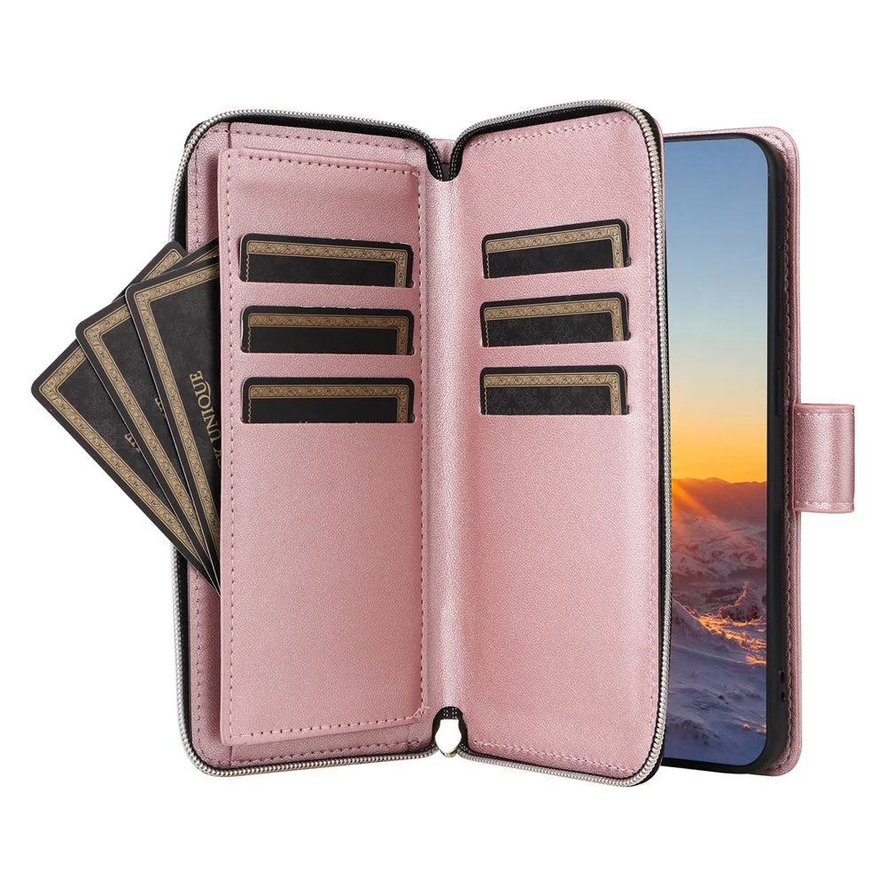 For Samsung Galaxy S24 FE Case Zipper Wallet Rhombus PU Leather Crossbody Phone Bag - Rose Gold - 3