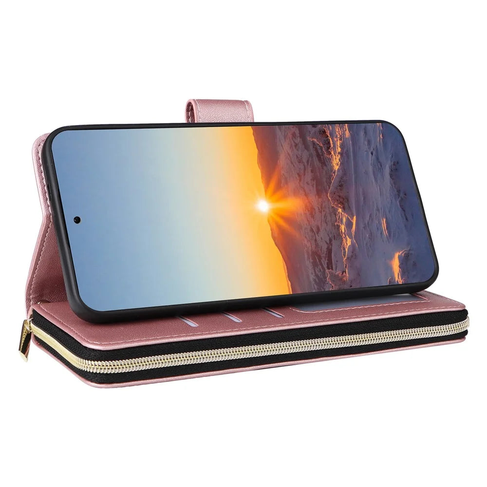 For Samsung Galaxy S24 FE Case Zipper Wallet Rhombus PU Leather Crossbody Phone Bag - Rose Gold - 4