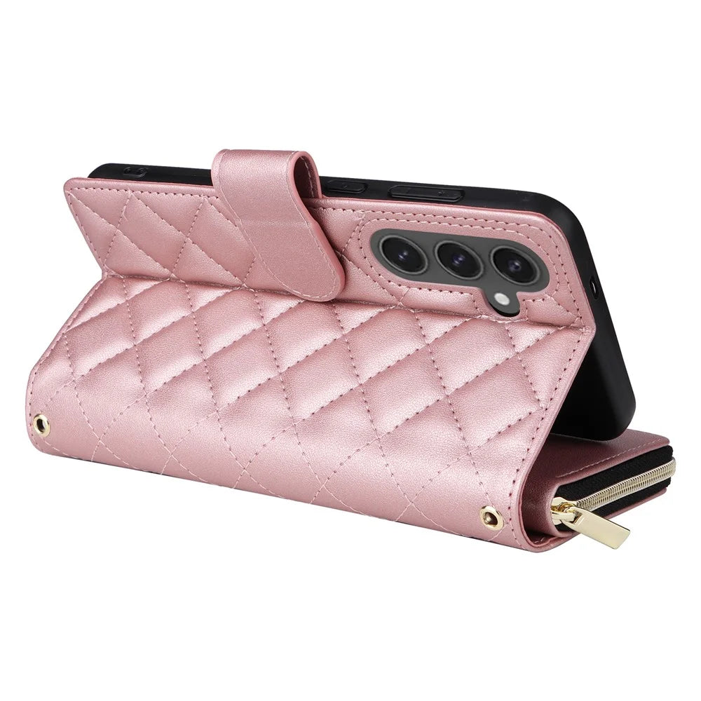 For Samsung Galaxy S24 FE Case Zipper Wallet Rhombus PU Leather Crossbody Phone Bag - Rose Gold - 5