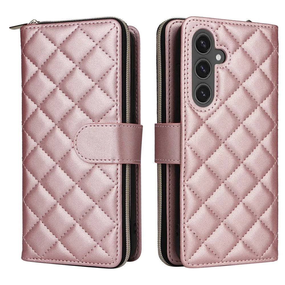 For Samsung Galaxy S24 FE Case Zipper Wallet Rhombus PU Leather Crossbody Phone Bag - Rose Gold - 7