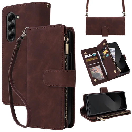 For Samsung Galaxy Z Fold6 5G Case Zipper Multi-Pocket Wallet Leather Phone Cover with Shoulder and Wrist Straps - Coffee - 1