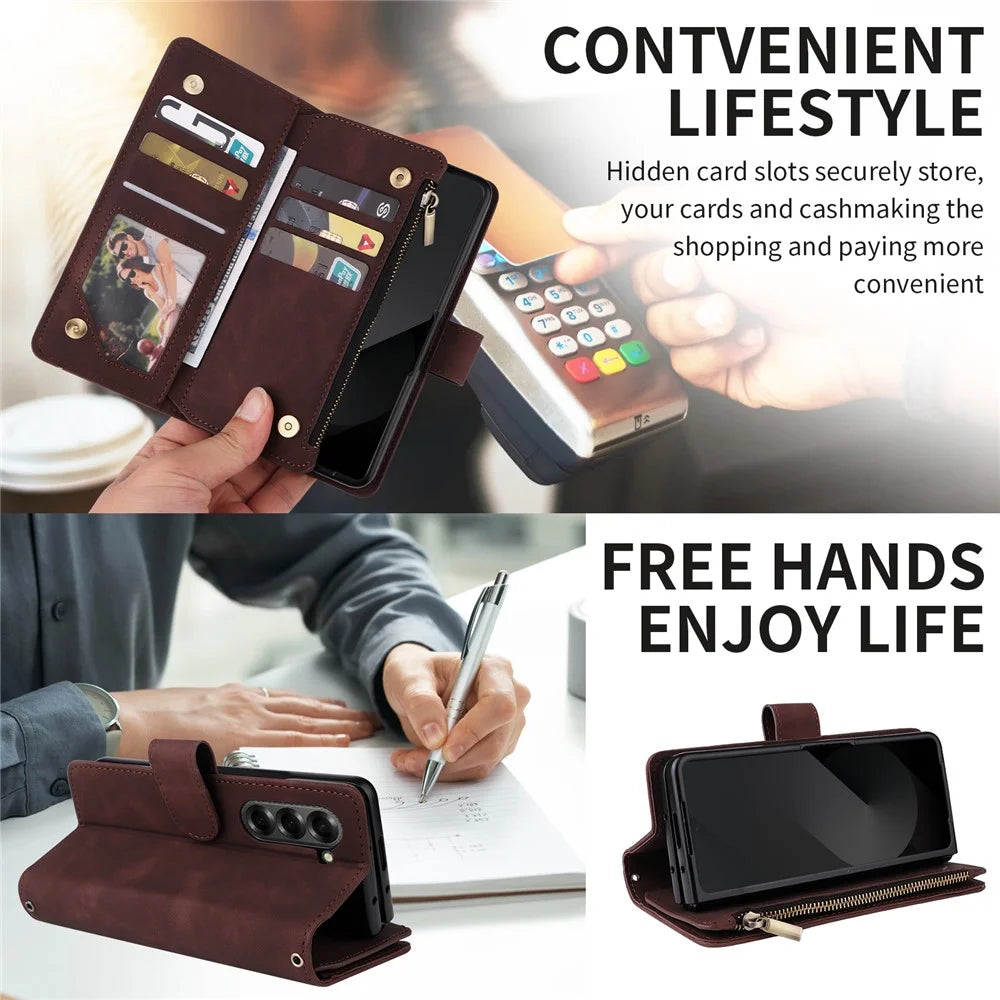 For Samsung Galaxy Z Fold6 5G Case Zipper Multi-Pocket Wallet Leather Phone Cover with Shoulder and Wrist Straps - Coffee - 2