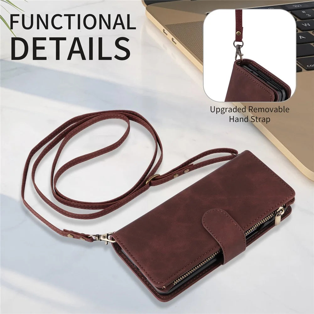 For Samsung Galaxy Z Fold6 5G Case Zipper Multi-Pocket Wallet Leather Phone Cover with Shoulder and Wrist Straps - Coffee - 3