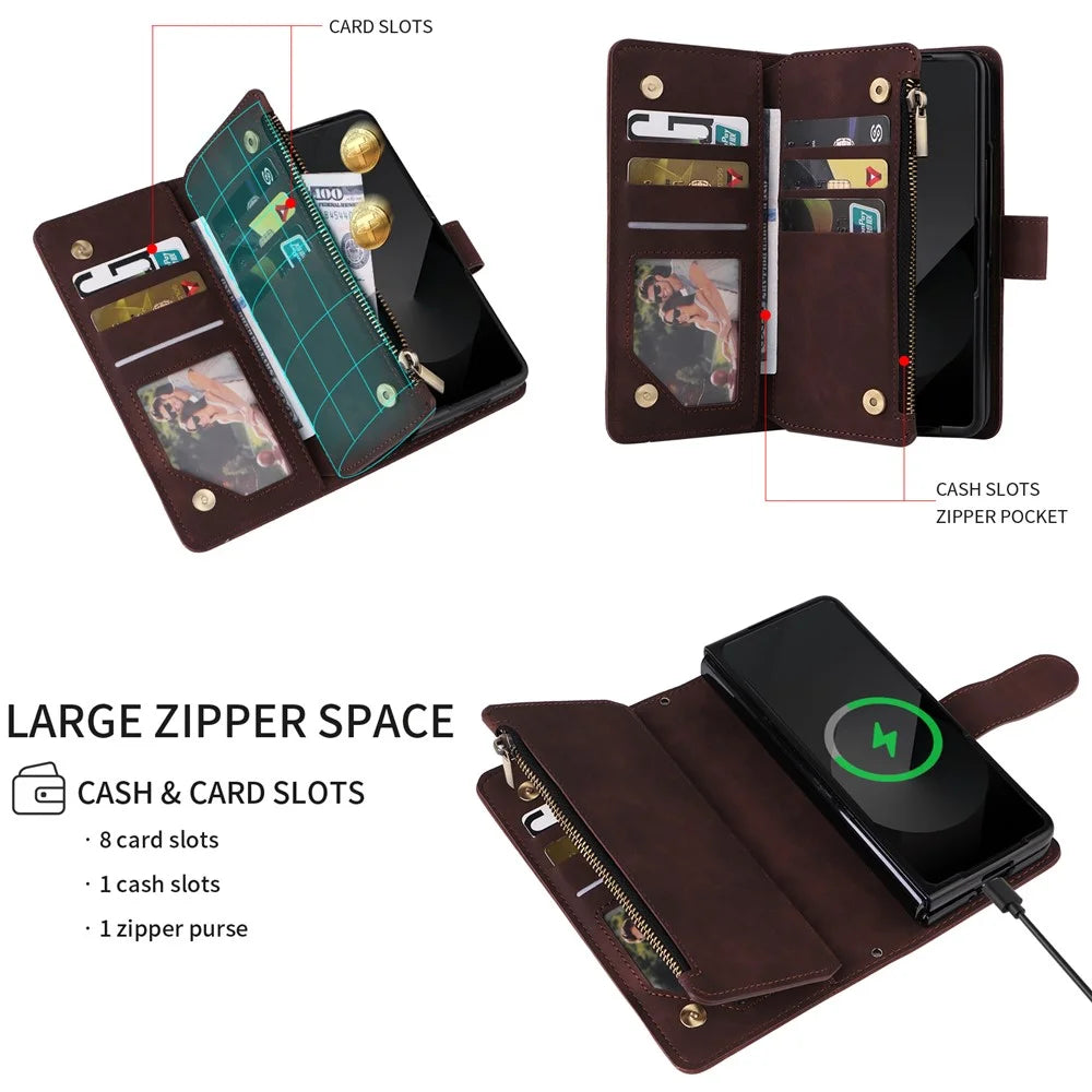For Samsung Galaxy Z Fold6 5G Case Zipper Multi-Pocket Wallet Leather Phone Cover with Shoulder and Wrist Straps - Coffee - 4