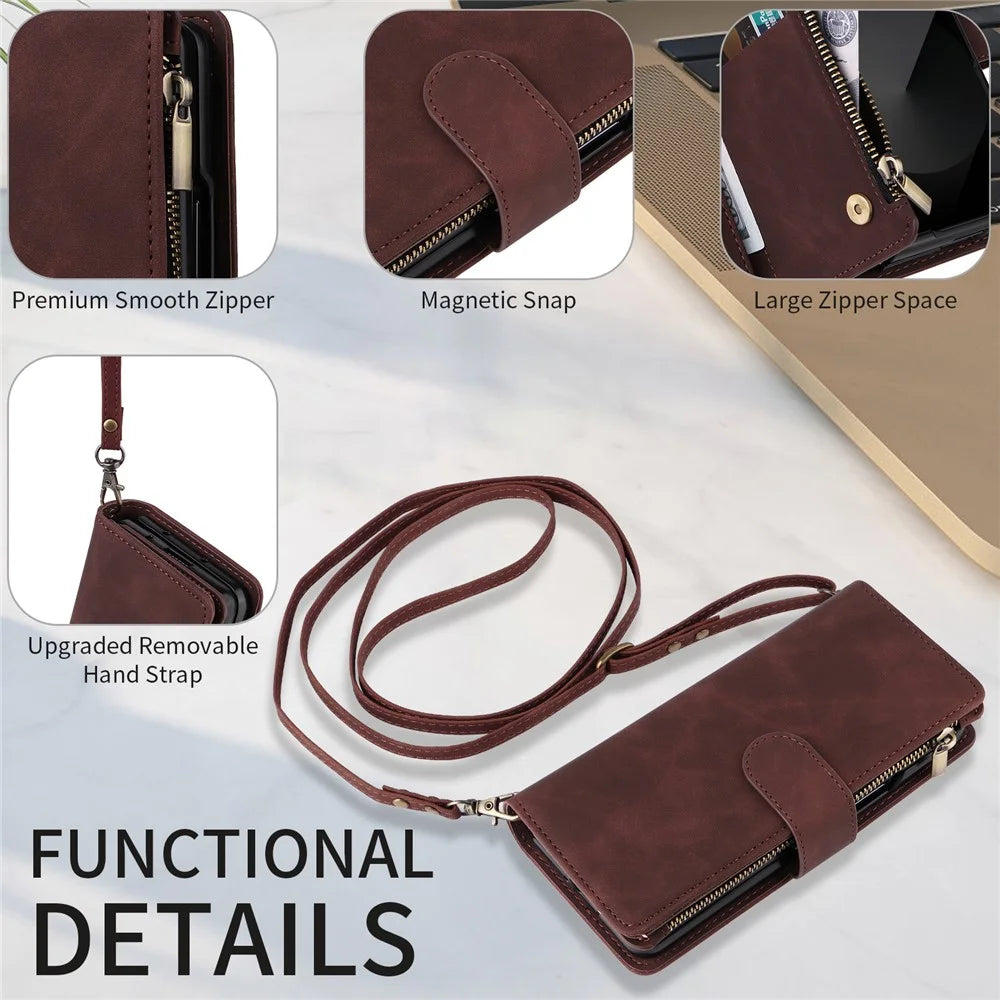 For Samsung Galaxy Z Fold6 5G Case Zipper Multi-Pocket Wallet Leather Phone Cover with Shoulder and Wrist Straps - Coffee - 5