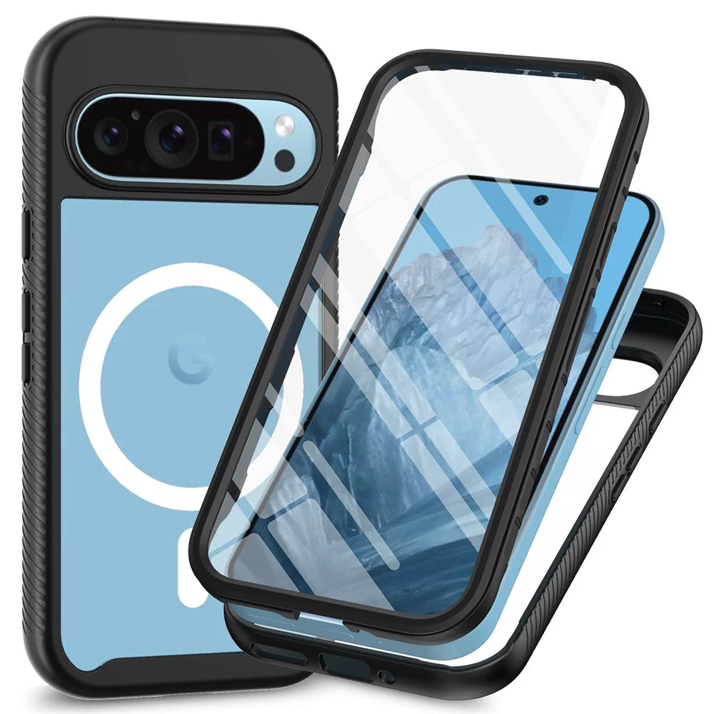 For Google Pixel 9 / Pixel 9 Pro Case PC+TPU Clear Phone Cover with PET Screen Film All-Around Protection Magnetic Wireless Charging - Black - 1